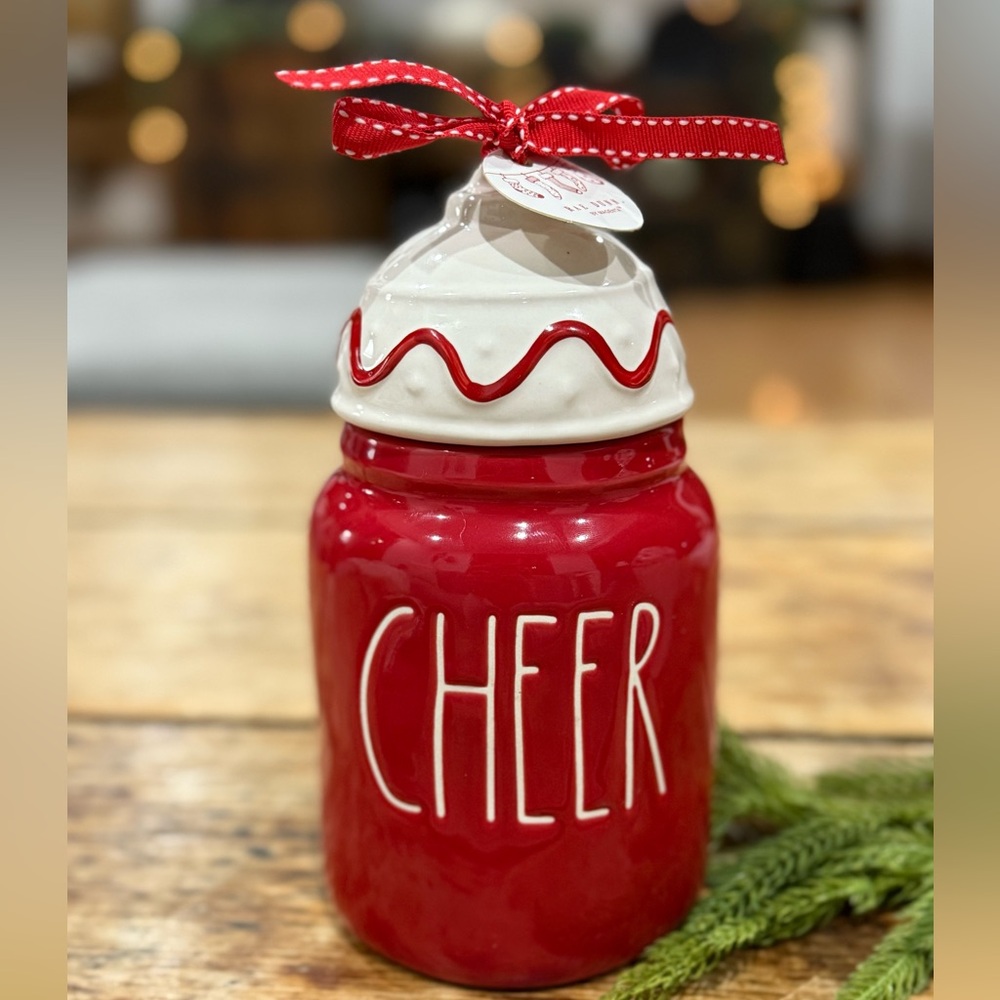 Rae Dunn Red Cheer Jar with White Ornament Lid